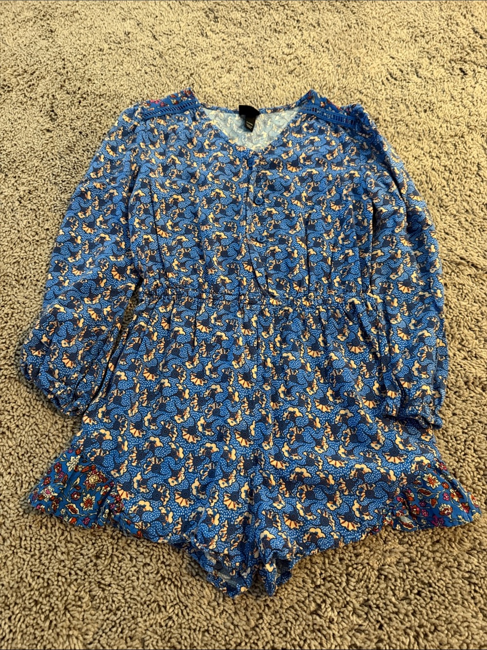 art class Blue Floral Long-Sleeve Romper with Ruffle Hem